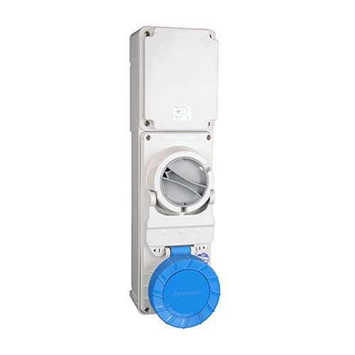 Lewden PM63/3401FPB Blue Plastic 2P+E 6H Switch Interlocked Socket Outlet IP65 63A 240V