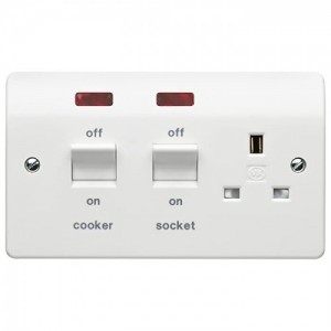 MK Electric K5061WHI Logic Plus White Moulded Double Pole Flush Mounting Cooker Control Unit With Main Isolation Switch, 13A Switchsocket & Neons 45A