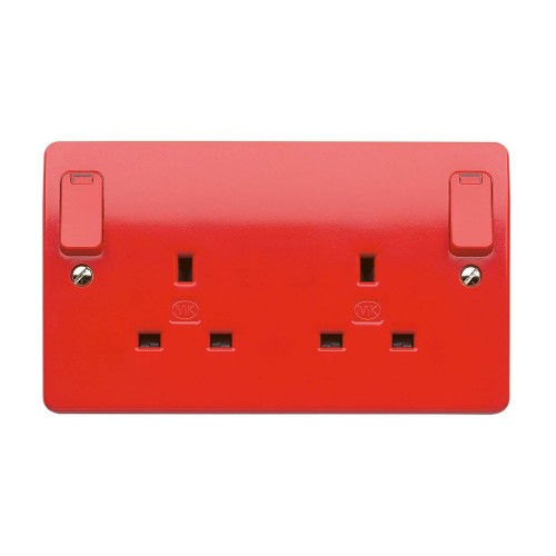 MK Electric K2476D1RED Logic Plus Red Moulded 2 Gang Double Pole Switched Socket With Neons, Outboard Rockers & Dual Earth 13A