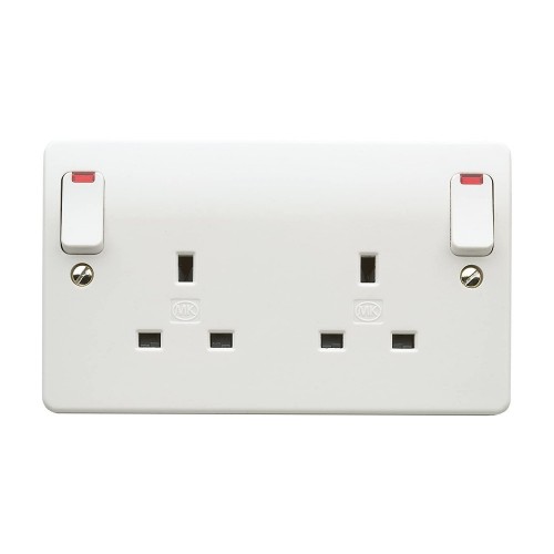 MK Electric K2476WHI Logic Plus White Moulded 2 Gang Double Pole Switched Socket With Neons, Outboard Rockers & Dual Earth 13A