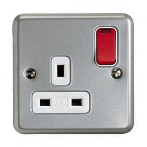 MK Electric K2477D6ALM Metalclad Plus 1 Gang Double Pole Switched Socket With Neon, Red Rocker, Dual Earth & Mounting Box 13A