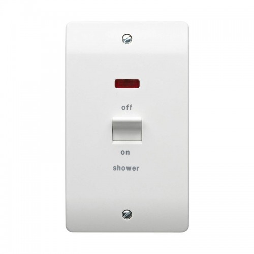 MK Electric K5215SHWHI Logic Plus White Moulded DP Control Switch With Neon Marked SHOWER On Large 2 Gang Vertical Plate 50A