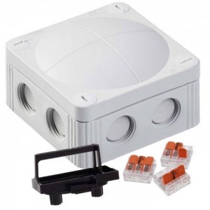Wiska 10110403 COMBI® 308/221 Grey Polypropylene Weatherproof Junction Box With 8 Self Sealing Cable Inlets & 3 x 221-413 Wago Lever Connectors IP66/IP67 400V L:85mm | W:85mm | D:51mm