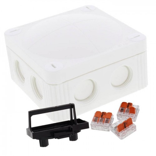Wiska 10110405 COMBI® 308/221 White Polypropylene Weatherproof Junction Box With 8 Self Sealing Cable Inlets & 3 x 221-413 Wago Lever Connectors IP66/IP67 400V L:85mm | W:85mm | D:51mm