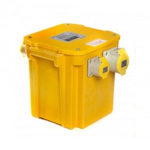 Briticent 1500/2/B Yellow GRP Portable Transformer With Resettable Thermal Cut-Out, 2m Mains Cable & 2 x 16A 110V Sockets 1.5kVA 240V