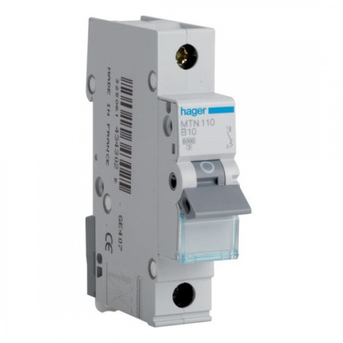 Hager MTN110 1 Module Single Pole Type B Miniature Circuit Breaker MCB For Residential Installations 10A 6kA