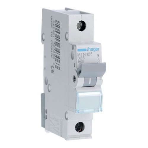 Hager MTN125 1 Module Single Pole Type B Miniature Circuit Breaker MCB For Residential Installations 25A 6kA