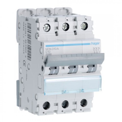 Hager NDN310A 3 Module Triple Pole Type D Miniature Circuit Breaker MCB For Commercial Installations 10A 10kA
