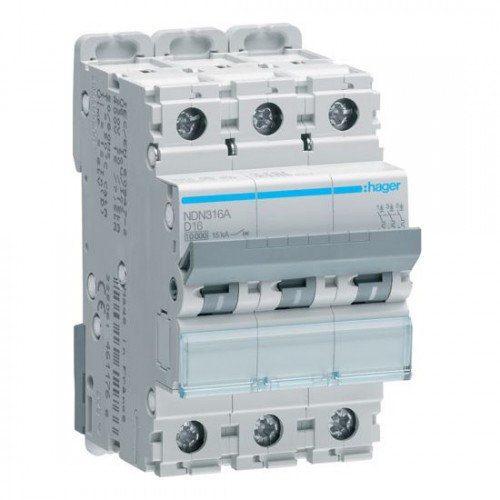 Hager NDN316A 3 Module Triple Pole Type D Miniature Circuit Breaker MCB For Commercial Installations 16A 10kA