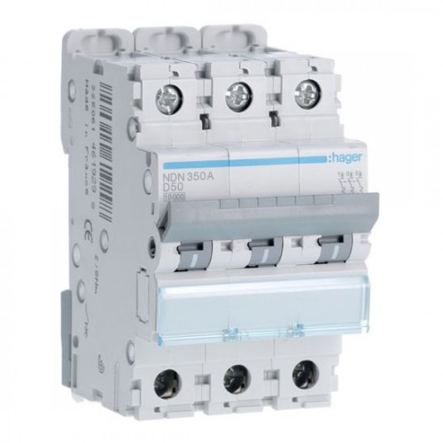Hager NDN350A 3 Module Triple Pole Type D Miniature Circuit Breaker MCB For Commercial Installations 50A 10kA