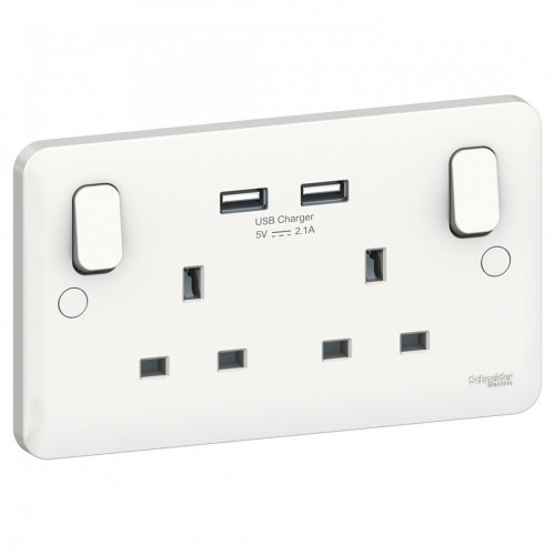 Schneider Electric GGBL30202USBAS Lisse White Moulded 2 Gang Single Pole Switched Socket With 2 x 2.1A USB Charging Sockets 13A