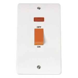 Click CMA203 Mode White Moulded DP Control Switch With Red Rocker With Neon On Large 2 Gang Vertical Plate 45A