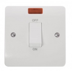 Click CMA501 Mode White Moulded DP Control Switch With White Rocker With Neon On 1 Gang Plate 45A