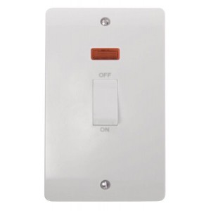 Click CMA503 Mode White Moulded DP Control Switch With White Rocker With Neon On Large 2 Gang Vertical Plate 45A