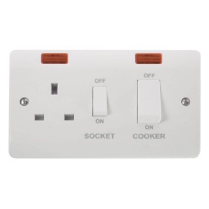 Click CMA505 Mode White Moulded Double Pole Cooker Control Unit With Main Isolation Switch + White Rocker, 13A Switchsocket & Neons 45A
