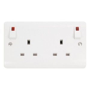 Click CMA840 Mode White Moulded 2 Gang Double Pole Switched Socket With Neons & Outboard Rockers 13A