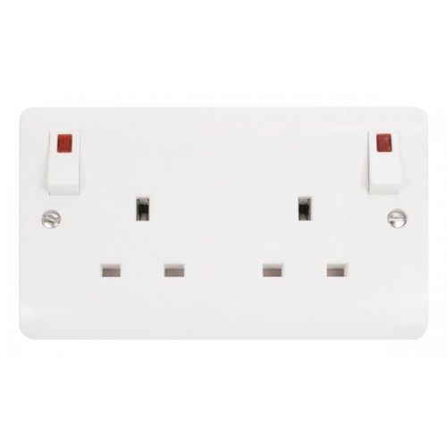 Click CMA840 Mode White Moulded 2 Gang Double Pole Switched Socket With Neons & Outboard Rockers 13A