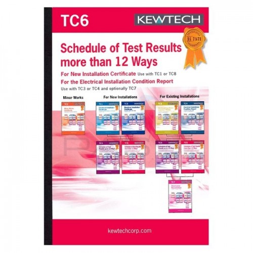 Kewtech TC6 A4 Schedule Of Test Results For Three Phase Commercial Installations 36 Ways Certificates Pad (80 Sheets)