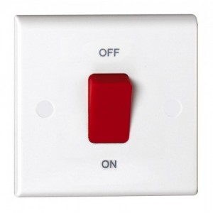 Deta S1300 Slimline White Moulded DP Control Switch With Red Rocker On 1 Gang Plate 50A