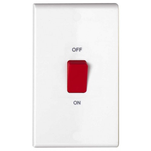 Deta S1301 Slimline White Moulded DP Control Switch With Red Rocker On Large 2 Gang Vertical Plate 50A