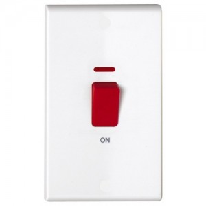 Deta S1301P Slimline White Moulded DP Control Switch With Neon & Red Rocker On Large 2 Gang Vertical Plate 50A