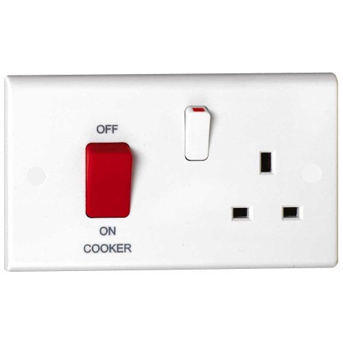 Deta S1302 Slimline White Moulded Double Pole Cooker Control Unit With Main Isolation Switch + Red Rocker & 13A Switchsocket 45A