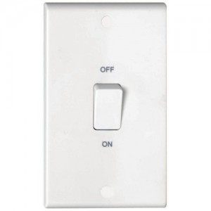 Deta S1311 Slimline White Moulded DP Control Switch With White Rocker On Large 2 Gang Vertical Plate 50A