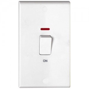 Deta S1311P Slimline White Moulded DP Control Switch With Neon & White Rocker On Large 2 Gang Vertical Plate 50A