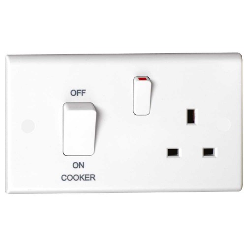Deta S1312 Slimline White Moulded Double Pole Cooker Control Unit With Main Isolation Switch + White Rocker & 13A Switchsocket 45A