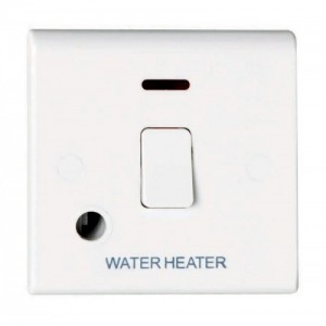 Deta S1393WH Slimline White Moulded DP Control Switch With Neon & Front Flex Outlet Marked WATER HEATER 20A
