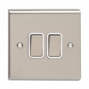 Deta SD1204SSW Slimline Decor Stainless Steel Screwed 2 Gang 2 Way Plateswitch With Metal Capped Rocker & White Insert 10Ax