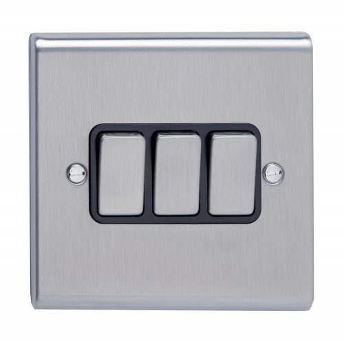 Deta SD1205SSB Slimline Decor Stainless Steel Screwed 3 Gang 2 Way Plateswitch With Metal Capped Rocker & Black Insert 10Ax