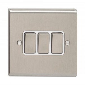 Deta SD1205SSW Slimline Decor Stainless Steel Screwed 3 Gang 2 Way Plateswitch With Metal Capped Rocker & White Insert 10Ax