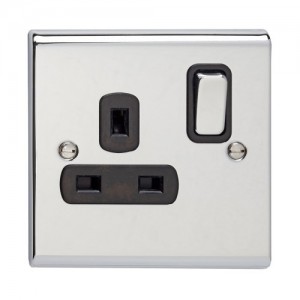 Deta SD1207CHB Slimline Decor Chrome Screwed 1 Gang Double Pole Switched Socket With Metal Capped Rocker & Black Insert 13A