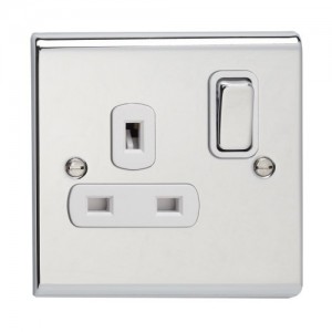 Deta SD1207CHW Slimline Decor Chrome Screwed 1 Gang Double Pole Switched Socket With Metal Capped Rocker & White Insert 13A