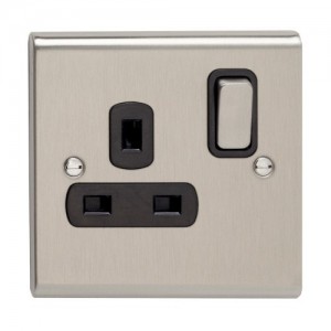 Deta SD1207SSB Slimline Decor Stainless Steel Screwed 1 Gang Double Pole Switched Socket With Metal Capped Rocker & Black Insert 13A