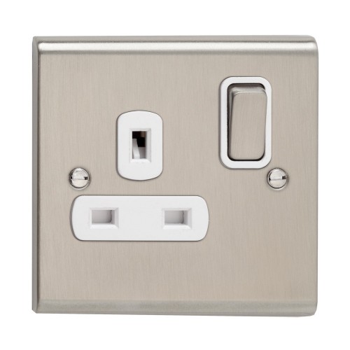 Deta SD1207SSW Slimline Decor Stainless Steel Screwed 1 Gang Double Pole Switched Socket With Metal Capped Rocker & White Insert 13A