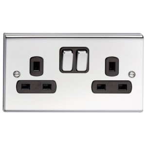 Deta SD1209CHB Slimline Decor Chrome Screwed 2 Gang Double Pole Switched Socket With Metal Capped Rockers, Black Inserts & Dual Earth 13A