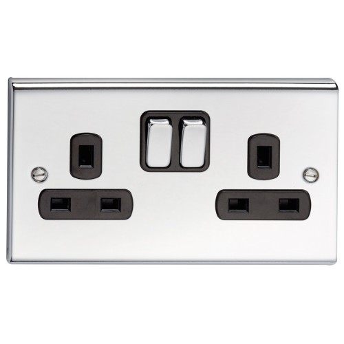Deta SD1209CHB Slimline Decor Chrome Screwed 2 Gang Double Pole Switched Socket With Metal Capped Rockers, Black Inserts & Dual Earth 13A