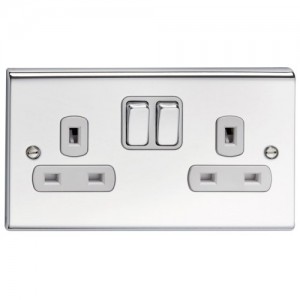 Deta SD1209CHW Slimline Decor Chrome Screwed 2 Gang Double Pole Switched Socket With Metal Capped Rockers, White Inserts & Dual Earth 13A