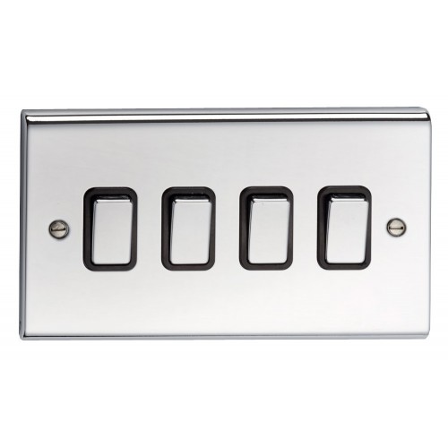 Deta SD1244CHB Slimline Decor Chrome Screwed 4 Gang 2 Way Plateswitch With Metal Capped Rocker & Black Insert 10Ax