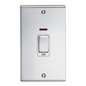 Deta SD1301PCHW Slimline Decor Chrome Screwed DP Control Switch With Neon, Metal Capped Rocker & White Insert On Large 2 Gang Vertical Plate 50A