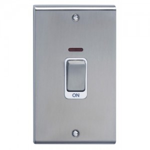 Deta SD1301PSSW Slimline Decor Stainless Steel Screwed DP Control Switch With Neon, Metal Capped Rocker & White Insert On Large 2 Gang Vertical Plate