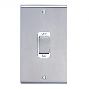 Deta SD1301SSW Slimline Decor Stainless Steel Screwed DP Control Switch With Metal Capped Rocker & White Insert On Large 2 Gang Vertical Plate 50A