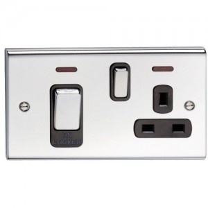 Deta SD1302PCHB Slimline Decor Chrome Screwed Double Pole Cooker Control Unit With Main Isolation Switch, 13A Switchsocket & Black Inserts 45A