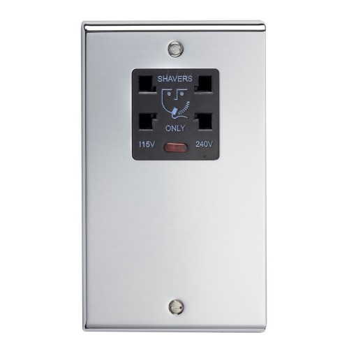 Deta SD1305CHB Slimline Decor Chrome Screwed Dual Voltage Shaver Socket With Neon & Black Insert 115V/240V
