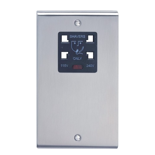 Deta SD1305SSB Slimline Decor Stainless Steel Screwed Dual Voltage Shaver Socket With Neon & Black Insert 115V/240V