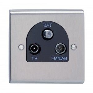 Deta SD1340SSB Slimline Decor Stainless Steel Screwed Triplexer Co-Axial TV, FM/DAB & F-Type Satellite Sockets With Black Insert