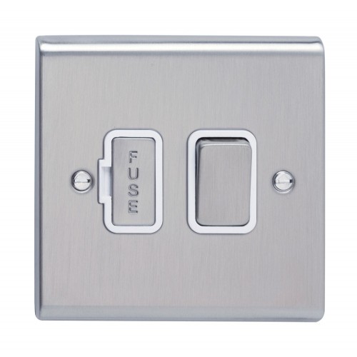 Deta SD1370SSW Slimline Decor Stainless Steel Screwed Double Pole Switched Fused Connection Unit With Metal Capped Rocker + Fuse Cover & White Insert