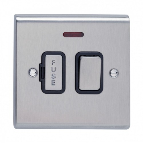 Deta SD1371SSB Slimline Decor Stainless Steel Screwed Double Pole Switched Fused Connection Unit With Neon, Capped Rocker + Fuse Cover & Black Insert